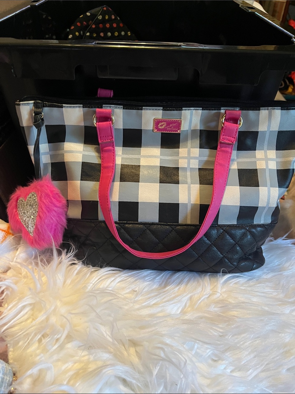 Betsey Johnson Black & White Plaid Tote with Hot Pink Handles